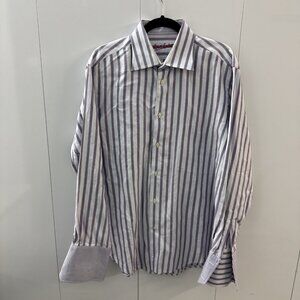 Robert Graham Mens L XL 17 43 Purple Striped French Cuff Long Sleeve Dress Shirt